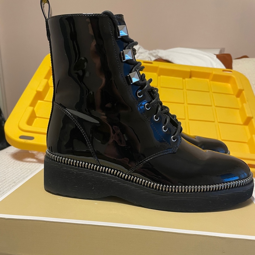 MICHAEL Michael Kors Black Patent Combat Boots